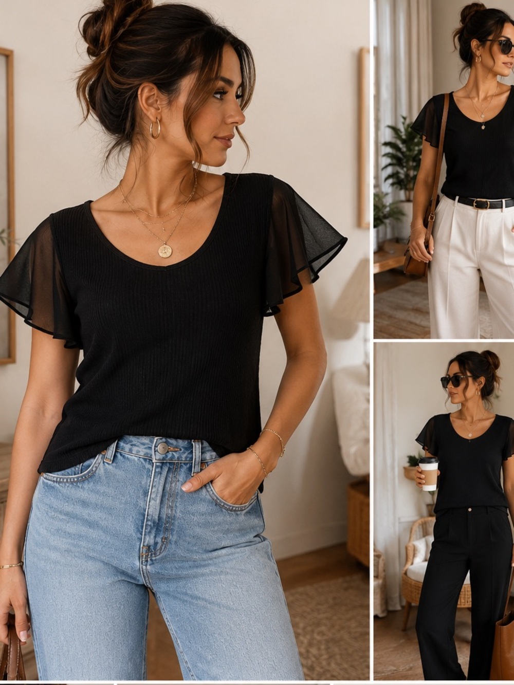 🖤 Philosophy Ribbed Flutter Sleeve Blouse — Size Medium